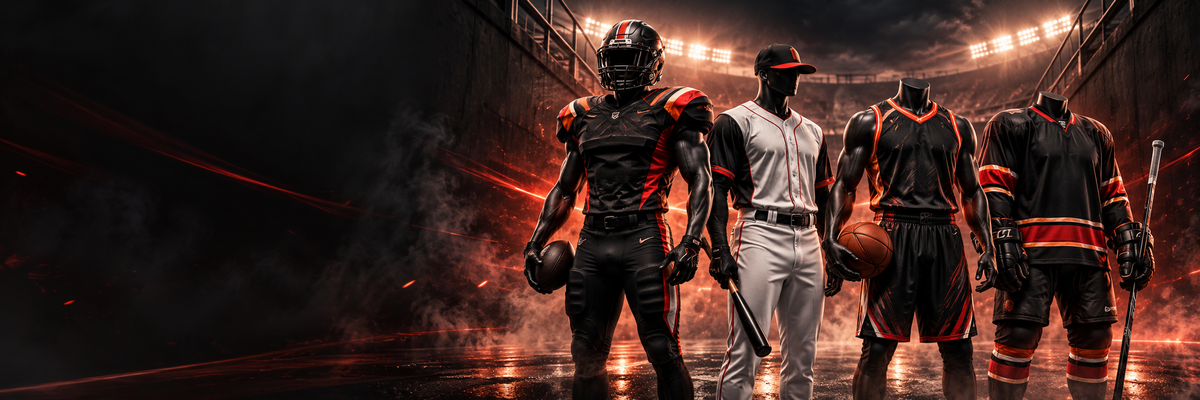 The Fury sports apparel hero banner with generic football, baseball, basketball, and hockey uniforms